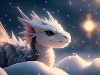 Obraz na płótnie Canvas Dragon in snow symbol of the year 2024, realistic, background, snowflakes