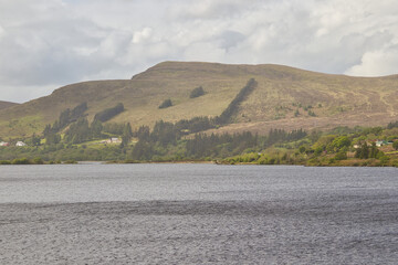View on lake "Lough Talt" surrounded by hills