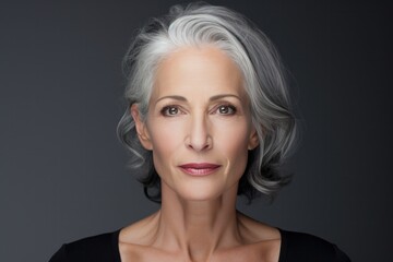 Close Up of Gray Haired Adult European Woman with Neutral Makeup on Dark Gray Background.