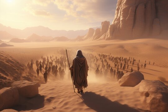 Exodus in history: Moses guides Jews through Sinai desert to Promised Land, a religious journey of escape and significance in the Bible..