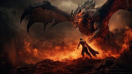 a warrior fights a dragon that breathes fire