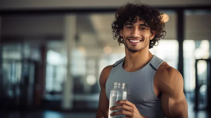 Foto op Canvas Athletic man holding a water bottle in the background of the gym © MP Studio