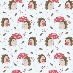 Watercolor seamless pattern hedgehog with mushrooms and apples. Cute hedgehog design Texture for textile, fabric, card, wallpaper, packaging.