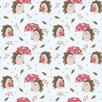 Watercolor seamless pattern hedgehog with mushrooms and apples. Cute hedgehog design Texture for textile, fabric, card, wallpaper, packaging.