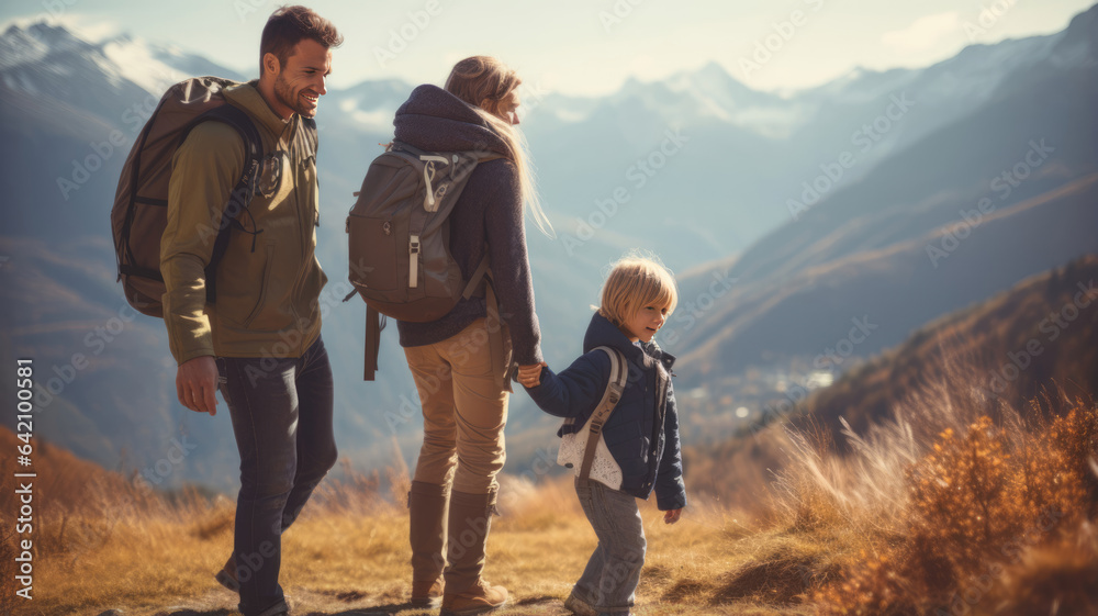 Wall mural family of parents and children hiking in nature