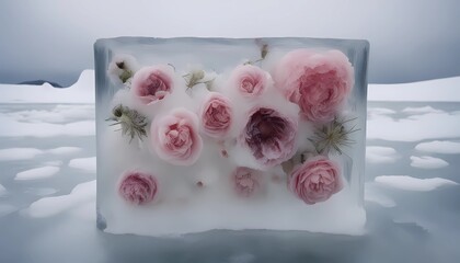 Fototapeta na wymiar fall winter ethereal frozen flowerinside ice block - still life