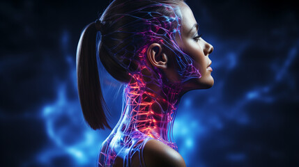 Human anatomy with a neck pain. - obrazy, fototapety, plakaty