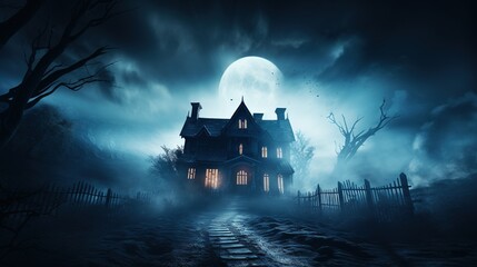 Fototapeta na wymiar Dark haunted house with illuminated windows at spooky misty dark halloween night generative AI