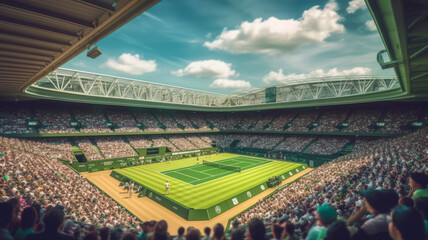 Image showcasing the electric atmosphere of the Wimbledon tournament, including passionate crowds, enthusiastic fans, and lively celebrations. AI Generated 8K.