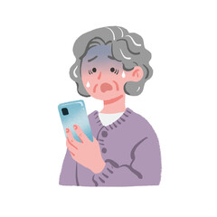 スマートフォンを見て青ざめているおばあちゃん