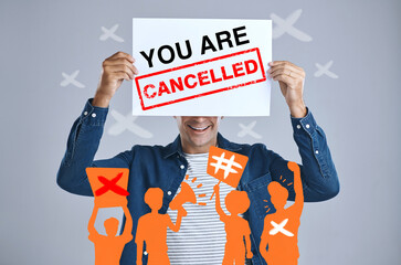 Man, cancelled sign and protest, censorship and bullying in studio isolated on a white background overlay. Poster, cancel culture and happy crowd ban influencer on social media for freedom of speech