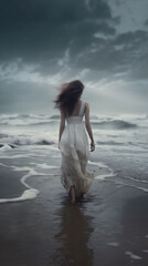 sea woman ocean sunlight storm summer sky beach nature cloud dress. Generative AI.