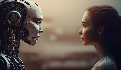Fotobehang ai generated illustrution chat, anthropomorphic robot artificial intelligence talking with human. © maylim