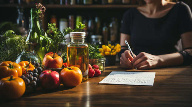 Nutritionist writing on paper on wooden table.