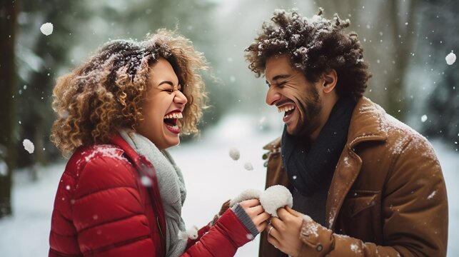 Close-up of a couple laughing during a snowball fight generative AI