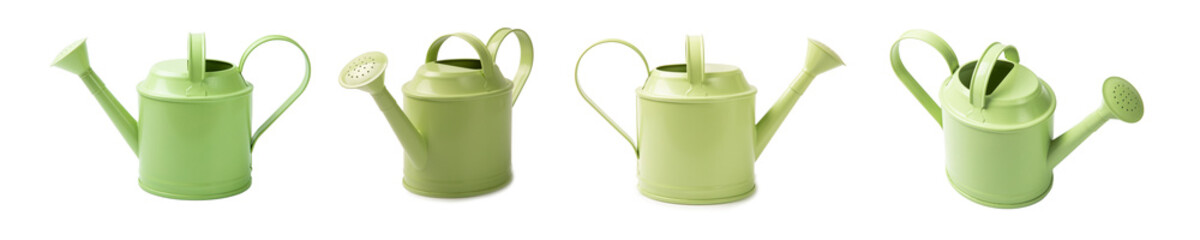 Green watering can for watering plants isolated on white background.