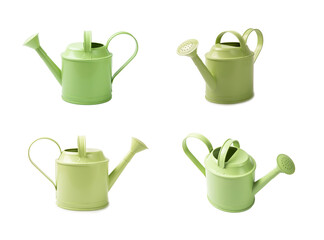 Green watering can for watering plants isolated on white background.