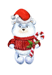 Christmas Bear. Polar Bear. Merry Christmas. Watercolor Illustration