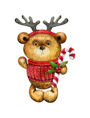 Christmas Bear. Winter Bear. Merry Christmas. Watercolor Illustration