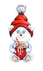 Christmas Bear. Polar Bear. Merry Christmas. Watercolor Illustration