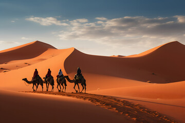 Fototapeta premium people riding camels on a sand dune in the desert