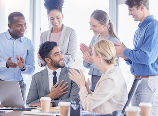 Business people, applause and meeting success, support or thank you and achievement, praise or...