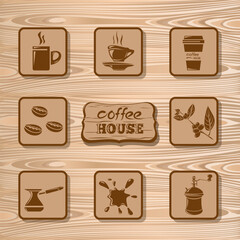 Set coffee icons on a wooden background. Vector illustration