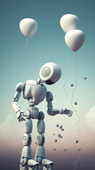 Artificial intelligence modern futuristic cyborg holding balloon