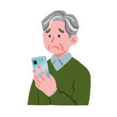 困った表情でスマートフォンをみているおじいさん　困っている高齢男性