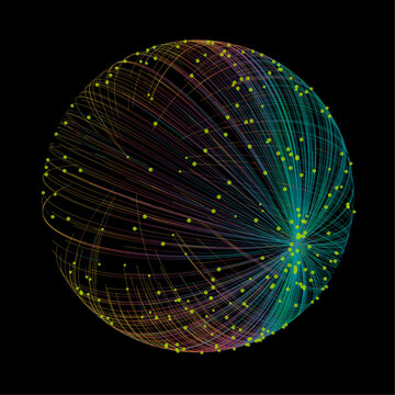 Futuristic vector sphere composed of particles and connecting lines, representing network connections and big data in an abstract technological background.