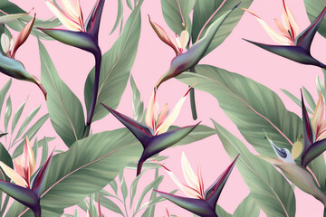 leaf colorful orange tropical pink flower jungle trendy seamless pattern. Generative AI.