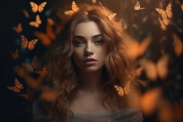 Obraz na płótnie Canvas beautiful portrait of a girl on the background of butterflies