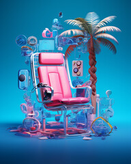 chair for work on the beach with palm tree. work from home and virtual vacation concept.