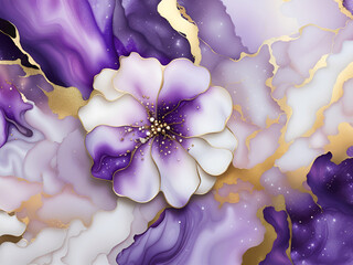 Abstract purple and gold marble alcohol ink background with marble flower.