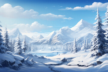 Winter landscape with snowy pine trees and mountain forest lake. Holiday concept - obrazy, fototapety, plakaty