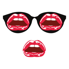 	T-shirt design of black glasses with sensual mouths. Surreal style vector illustration