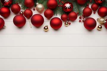 Christmas background with fir branches and baubles on white background