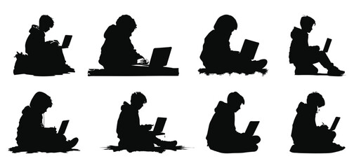 Silhouettes of boys using laptops, digital illustration