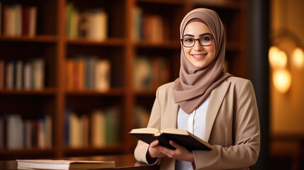 Muslim girl student smiling in the background of the university library - obrazy, fototapety, plakaty