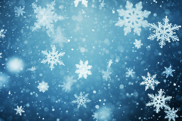 Fototapeta na wymiar Falling snowflake bliss. holiday season illustration with white snow on blue backdrop