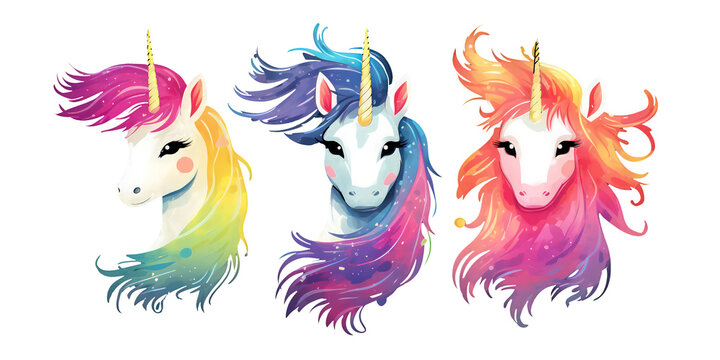Watercolor unicorns three different types on white backhround, Watercolor, decoration, Clipart, decorative elements, story book, elements, greetings