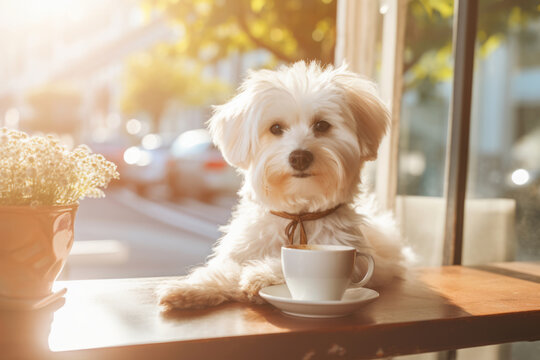 Funny fluffy  white dog at restaurant on sun lights background. Furry-friend