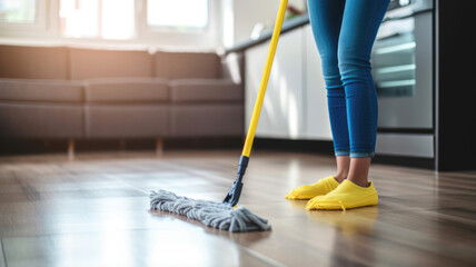 Low section of young woman cleaning floor with wet mop at home.