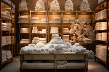 stacks of white towels in a boutique. Home textile, beautiful rolled white bath towels on a shelf. showcase with white terry towels in a boutique