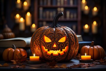 Candlelit chills Halloween spooky pumpkin head in nighttime illumination. Holiday comcept