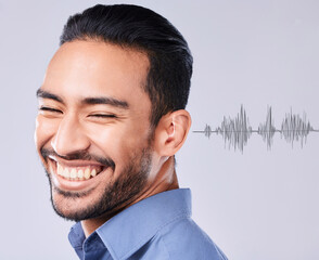 Man, smile and deaf with sound wave overlay on a gray background in studio for communication or listening. Face, happy and audio with the ear of a young person hearing noise translation or connection
