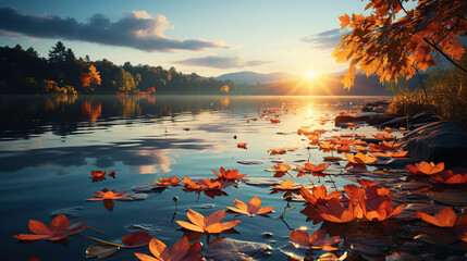 Picturesque natural autumn landscape with the sun in the forest and a mountain of orange leaves.