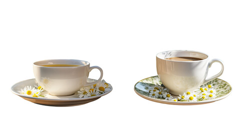 Fototapeta premium Chamomile tea on a white saucer surrounded by a green garden transparent background