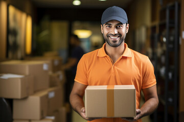 Indian happy delivery man standing with box to be delivered