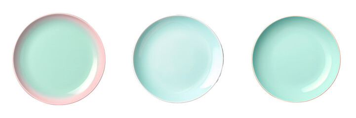 Round cyan ceramic plate void and isolated on transparent background
